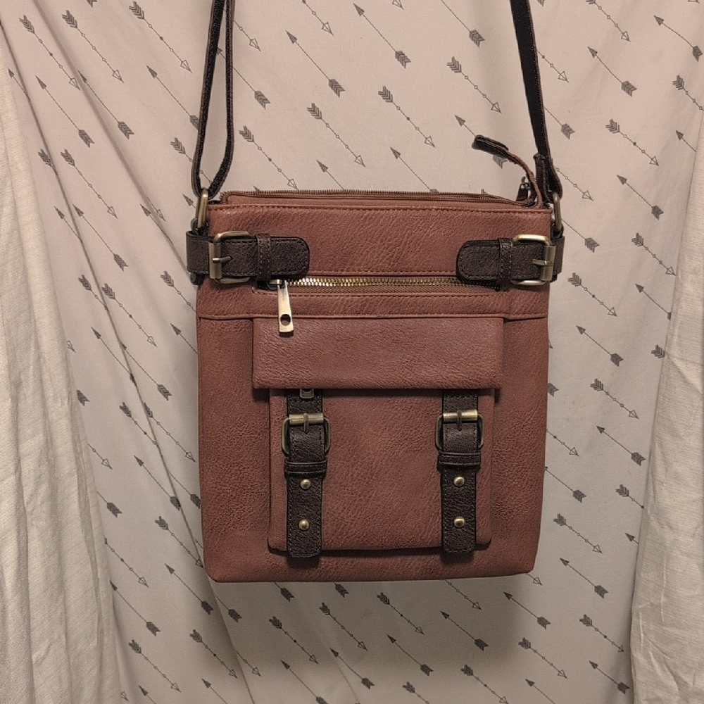 Elegant Tan Messenger Bag with Buckle Accents